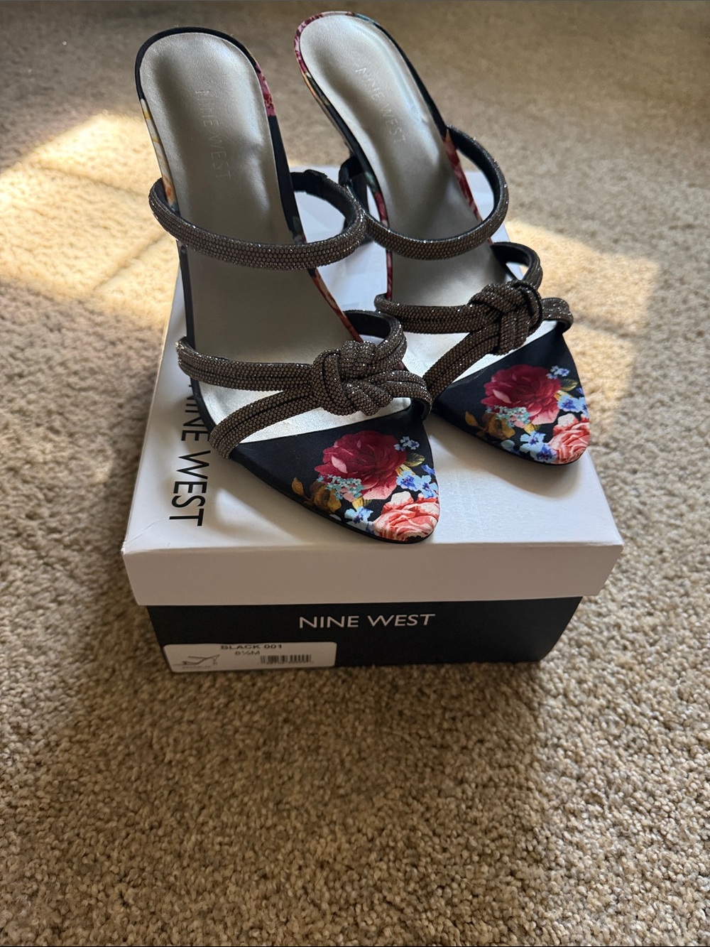 Nine West Black Floral Pointed-Toe Knot-Strap Heels